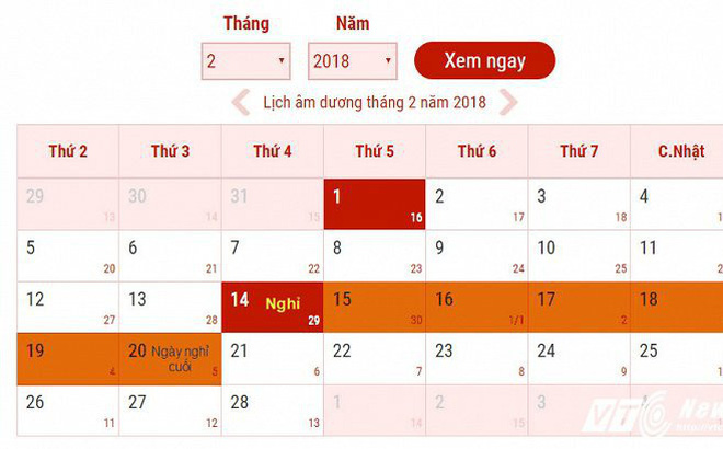 Lịch nghỉ Tết Nguyên đán Mậu Tuất 2018 chính thức của người lao động