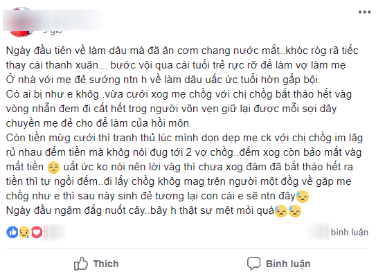 Nàng dâu khóc kể ngày đầu ở nhà chồng Chưa cởi váy cưới đã bị ép tháo vàng tiền mừng mẹ chồng vơ sạch chẳng cho 1 xu