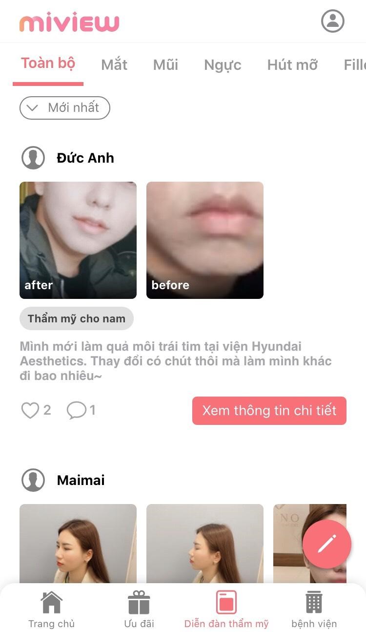 Diễn đàn thẩm mỹ trên App Miview sẽ giúp bạn đánh giá lựa chọn được địa chỉ thẩm mỹ uy tín.