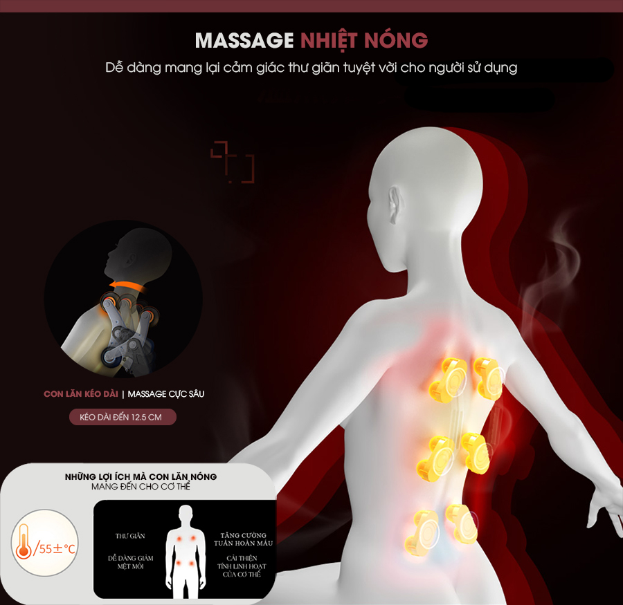 Con lăn nhiệt nóng có khả năng massage phần cột sống và mô sâu của ghế massage toàn thân Kaitashi